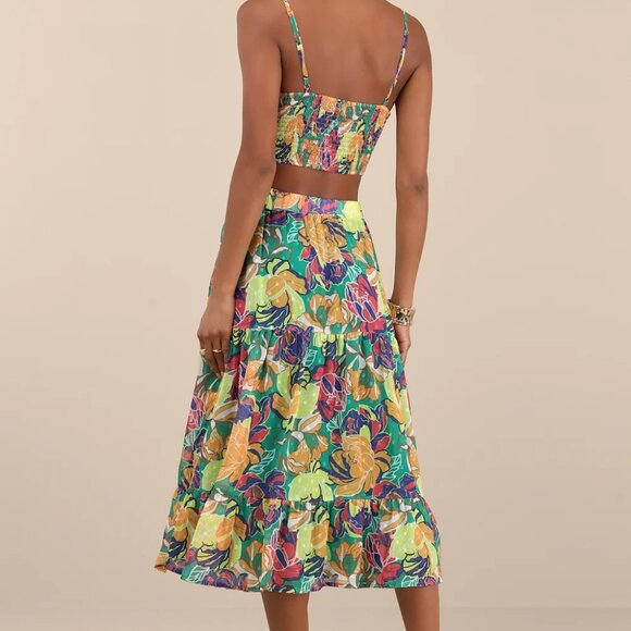 Lulus Floating Through Flowers Teal Floral Two-piece Midi Dress Green - Size M - Picture 2 of 3